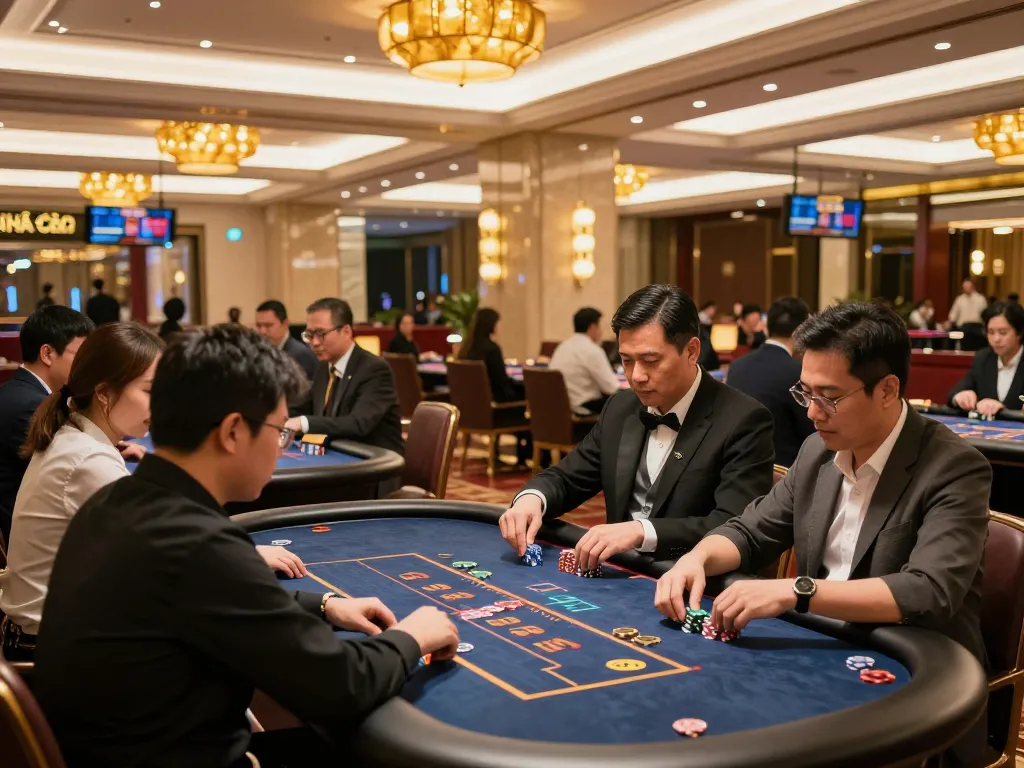 Players engaged in intense gameplay at NHÀ CÁI F168's live dealer table, showcasing excitement and strategic bets