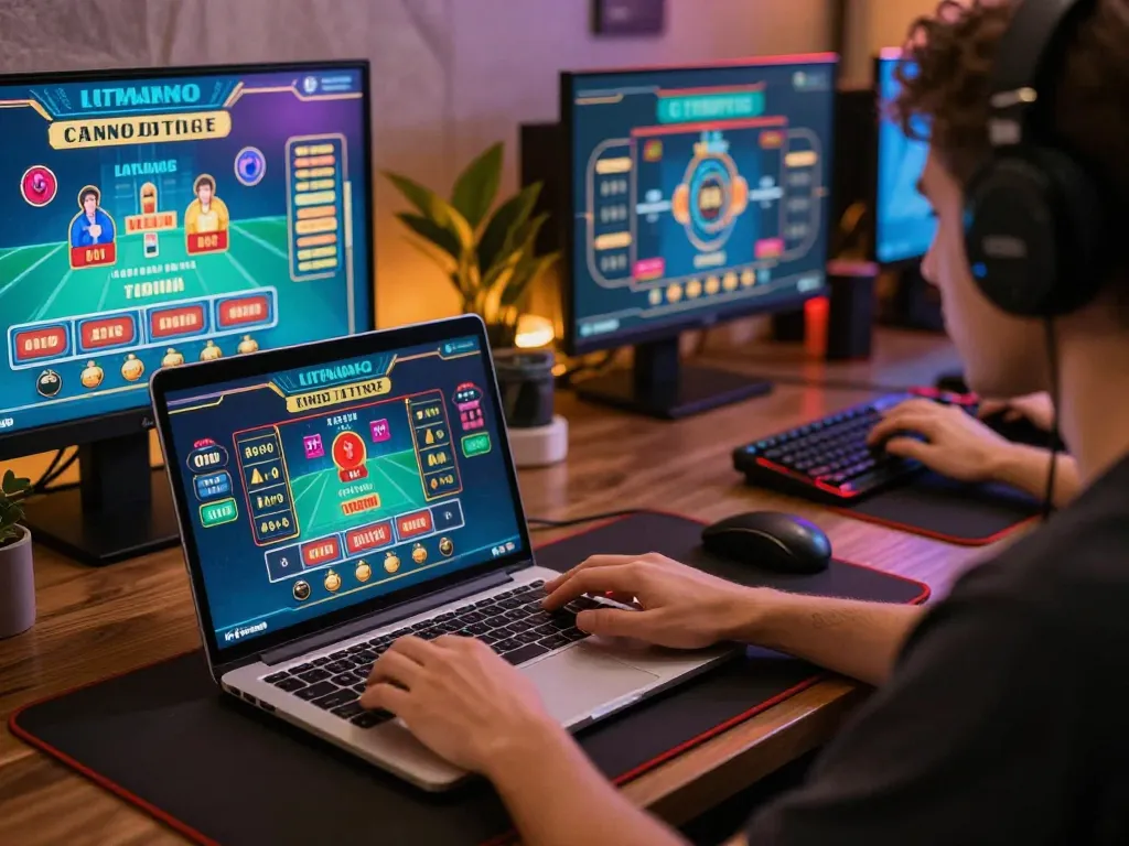 Player engaging with jun88 online casino gaming setup on laptop in cozy atmosphere