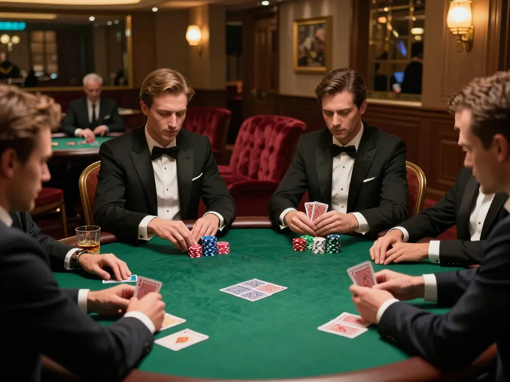 KUBET poker players engaging in strategic gameplay in a luxurious casino VIP area.