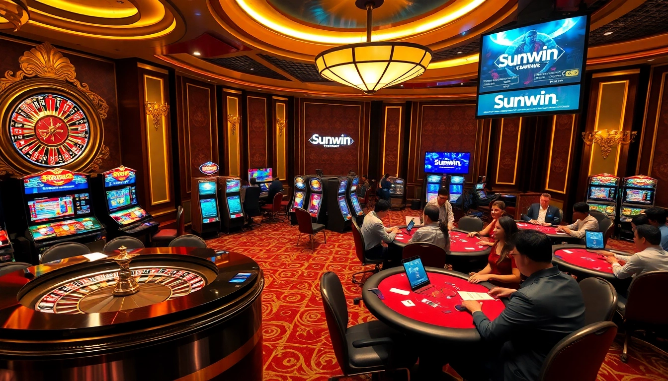 Experience thrilling gaming action at Sunwin's luxurious casino with poker tables and slots.