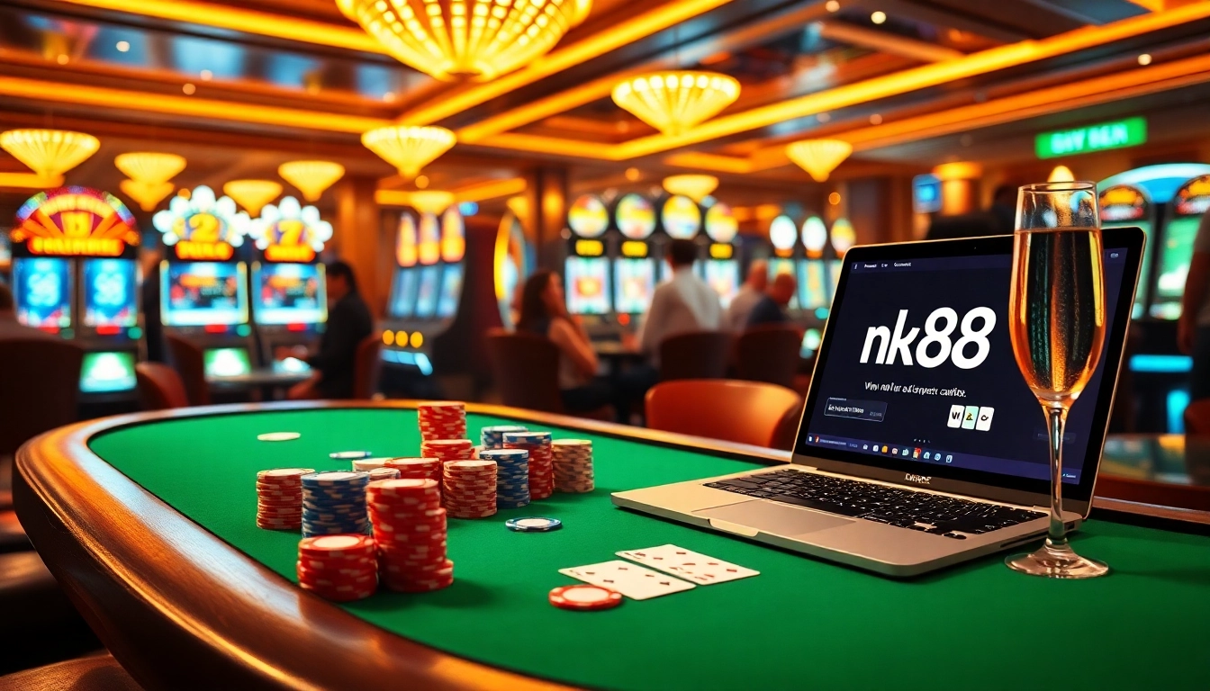Engaging gamblers at an elegant poker table in the nk 88 casino setting, showcasing thrilling gameplay.