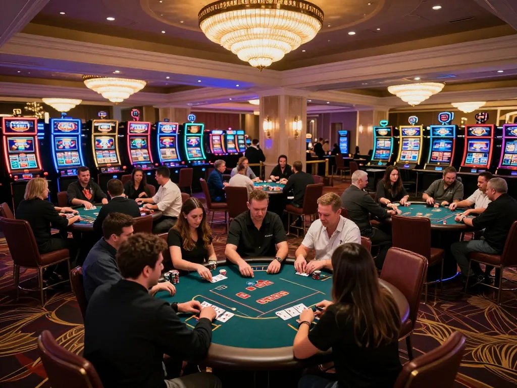Engaging players at poker tables on the vibrant casino floor illustrating 3Win com's exciting betting atmosphere.