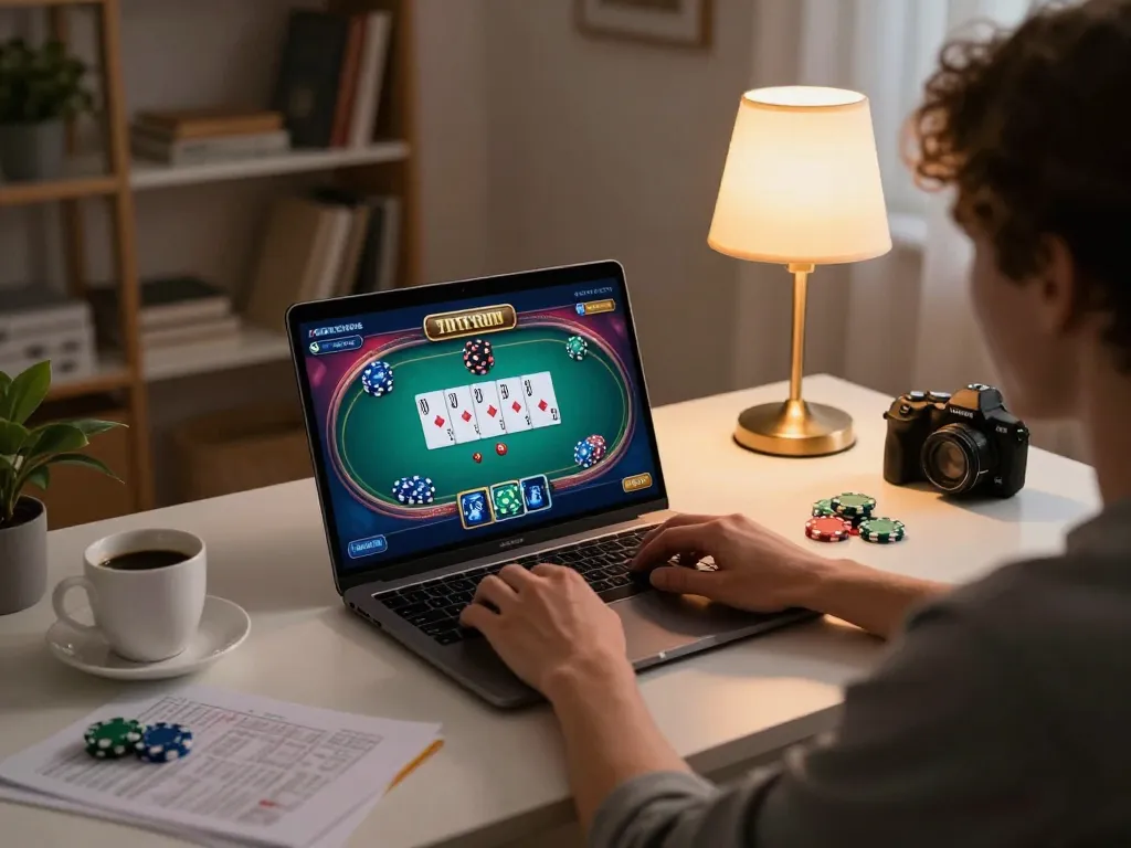 Engaging in online poker gameplay at https://fun88cd.in.net/ from a cozy home desk.