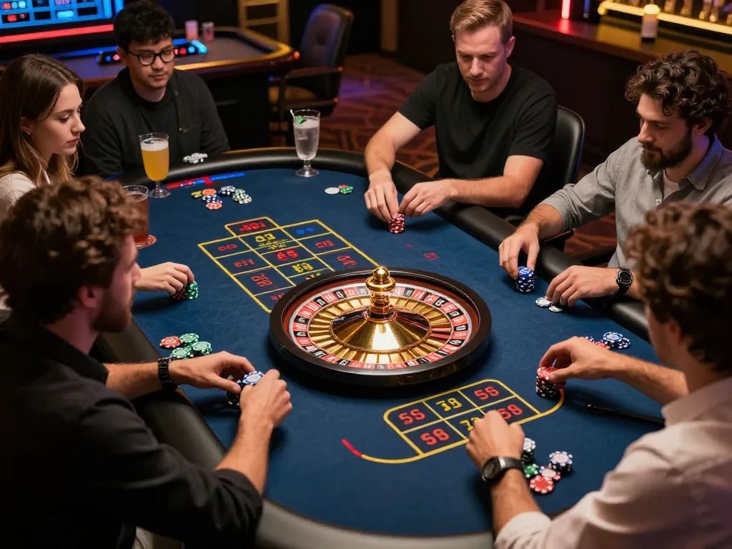 Engaging players at 555win analyzing bets at a roulette table in a vibrant online casino atmosphere.