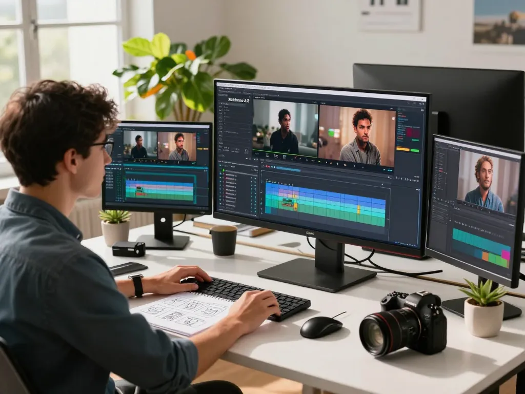 Creative professional using Seedance 2.0 AI video software in a modern workspace.