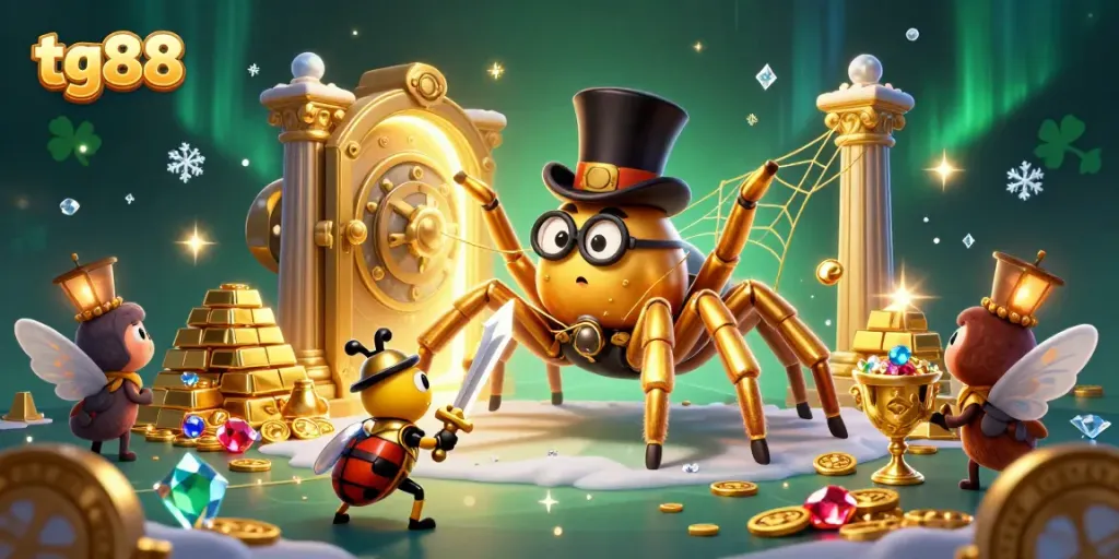 Experience the thrill of tg88 casino adventures with a golden spider and heroic knight amidst treasures!