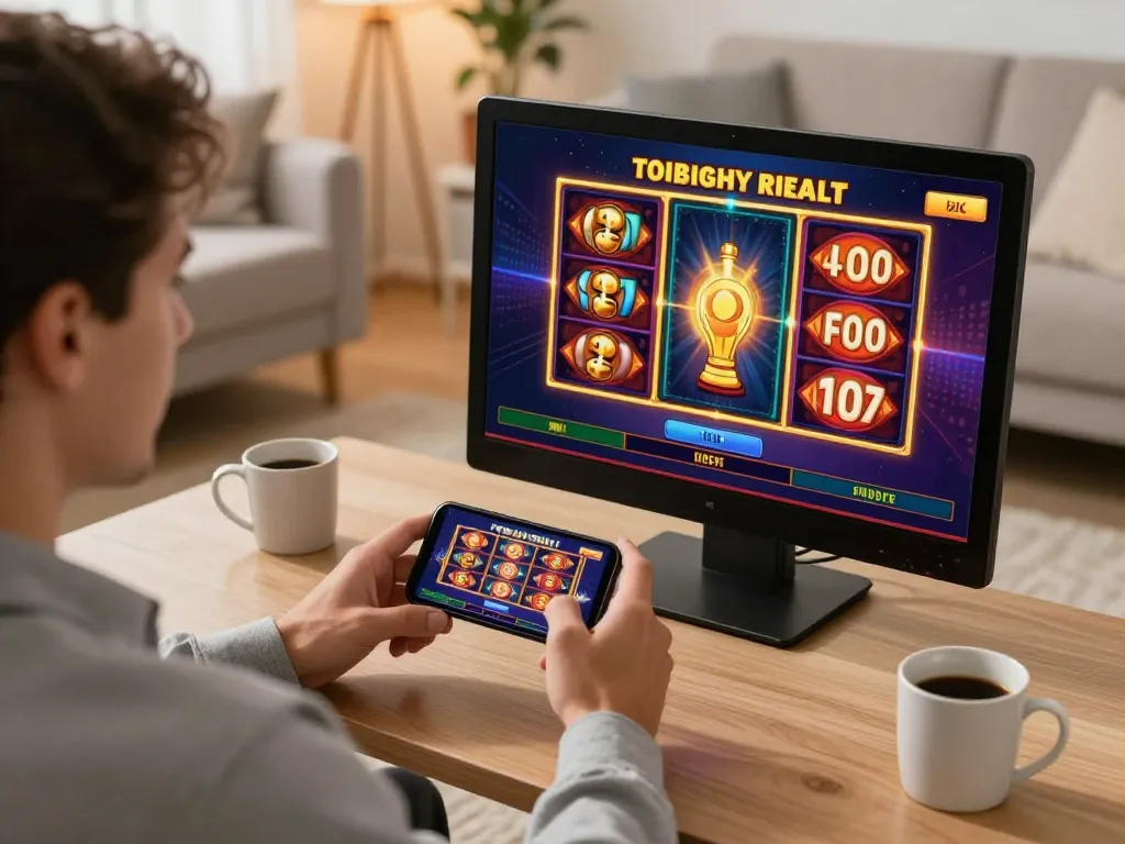Zowin player engaging with an exciting mobile slot game in a cozy home environment.