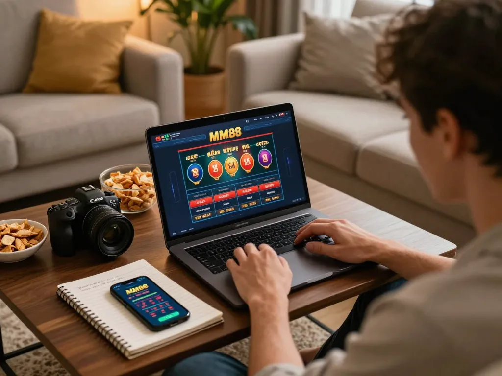 Engaging in online gambling at https://mm88.se.net/ while enjoying snacks and strategy notes in a cozy home.