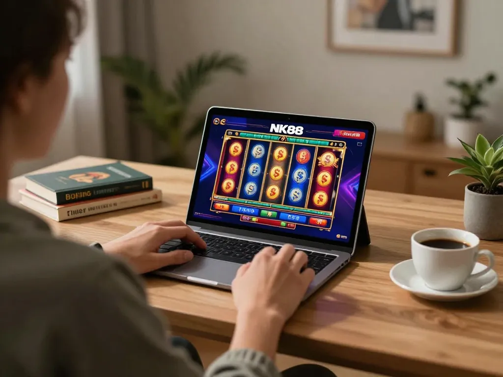 Engage with NK88 on tablet, playing exciting slot games in a cozy setting.
