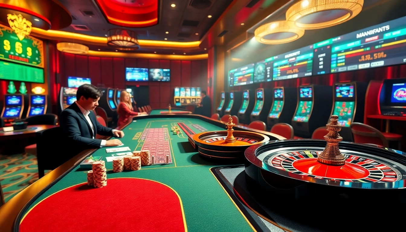 Experience the excitement of live gaming at https://188bet8.me/ with a vibrant casino scene featuring poker tables and slot machines.
