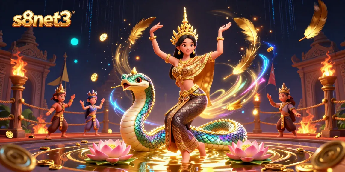 S8net3 showcases vibrant gaming atmosphere with Asian woman, Naga serpent, and golden tokens.