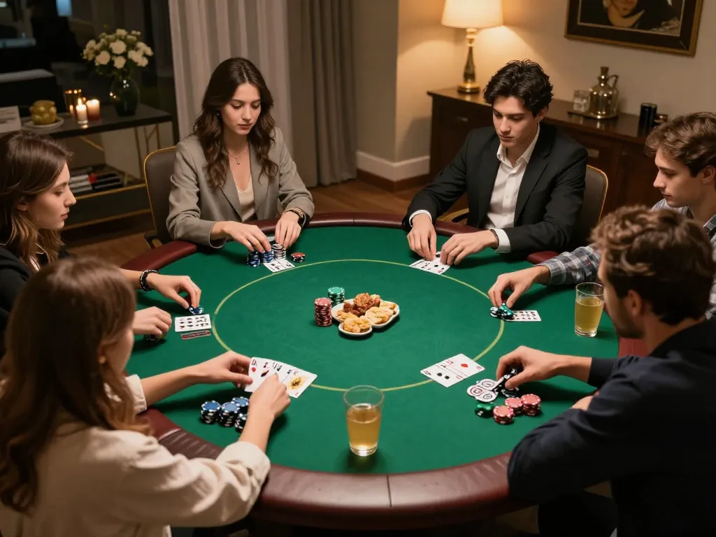 Players enjoying a go88 poker night at home, with vibrant chips and warm lighting.