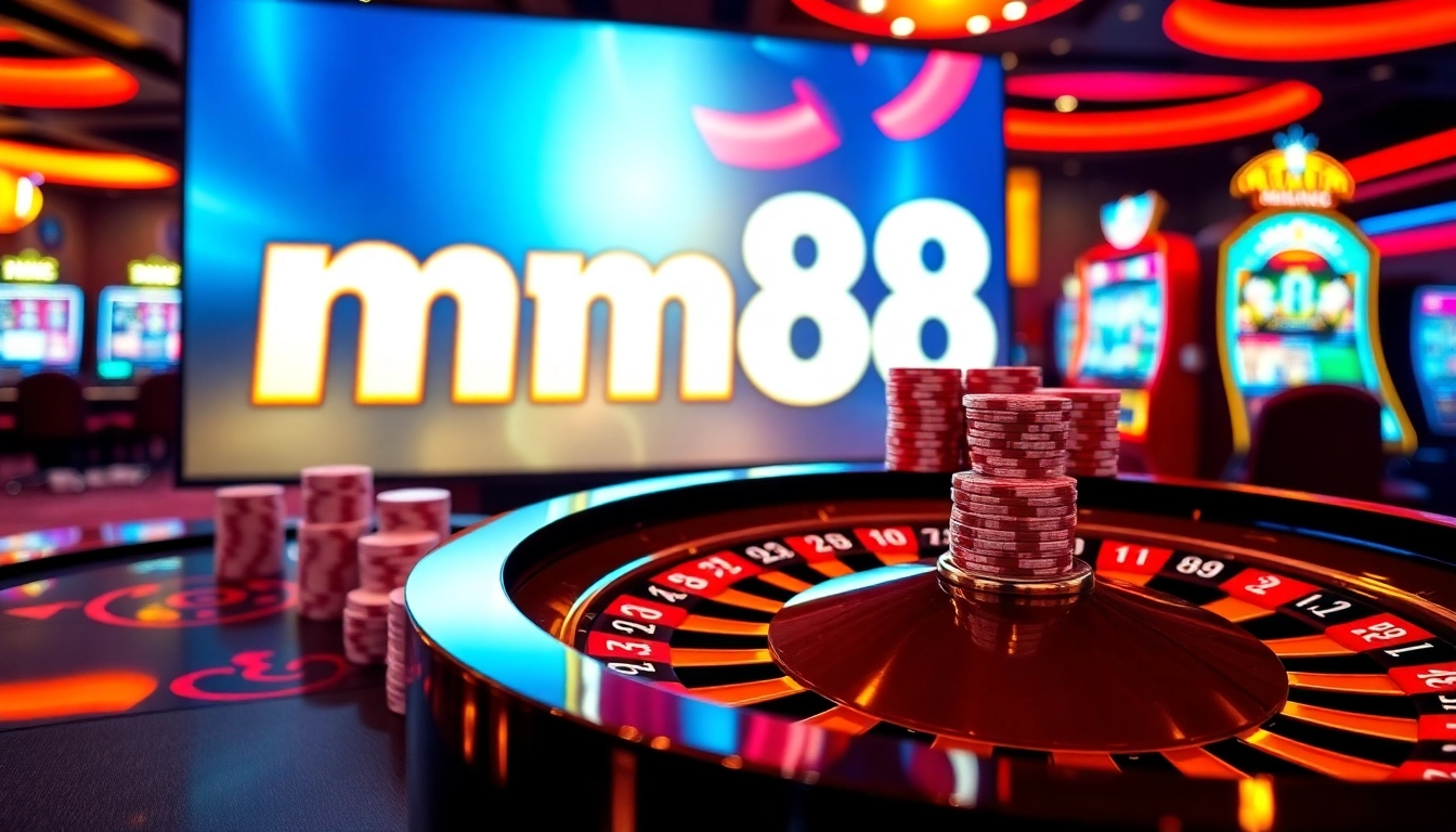 Experience the thrill of mm88 with poker chips, a roulette wheel, and vibrant casino lights.