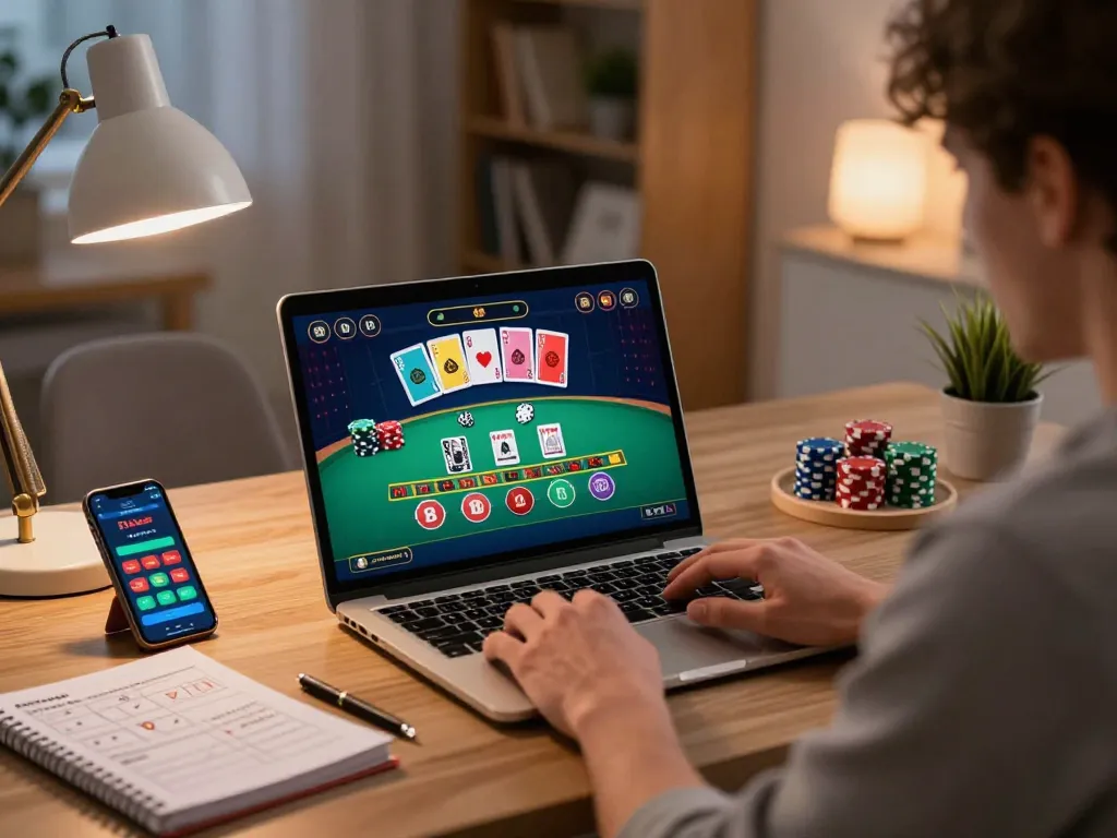 Player immersed in blackjack on a laptop, showcasing responsible gaming with 99ok strategy notes.