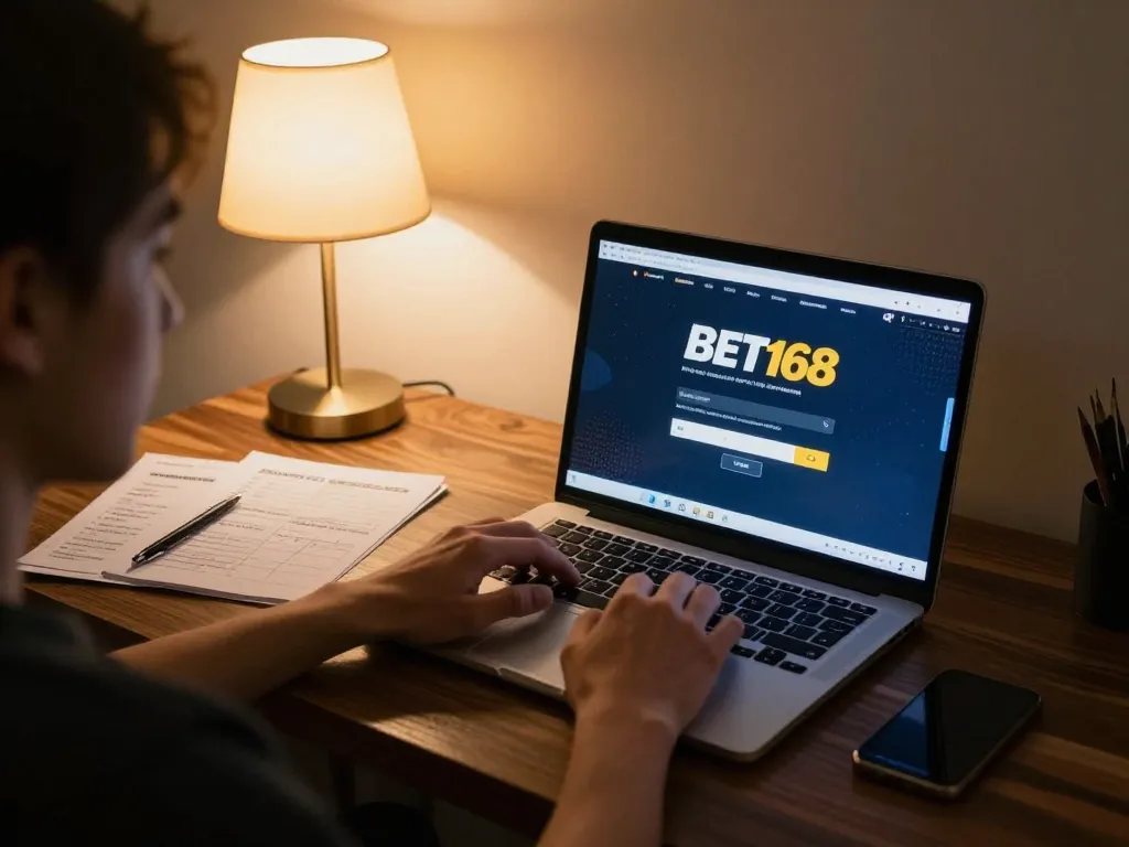 Log in to BET168 screen displayed on laptop with a relaxed home gaming atmosphere.