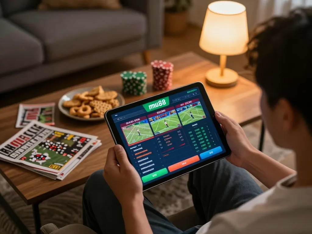 Engaging atmosphere of mu88 sports betting with user analyzing live odds on a tablet at home.