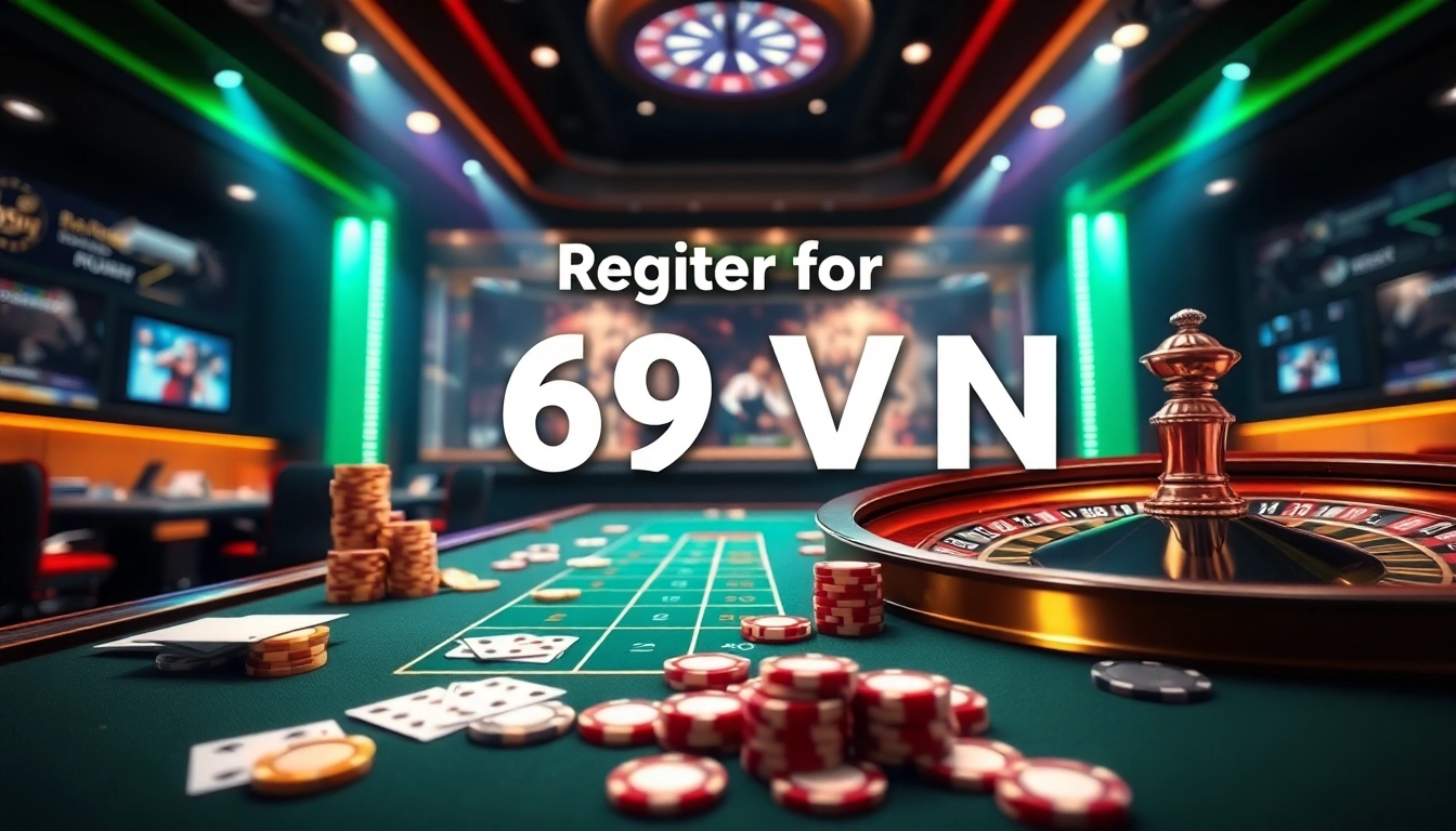 Exciting interior of a casino featuring a "Register for 69VN" online gambling interface.