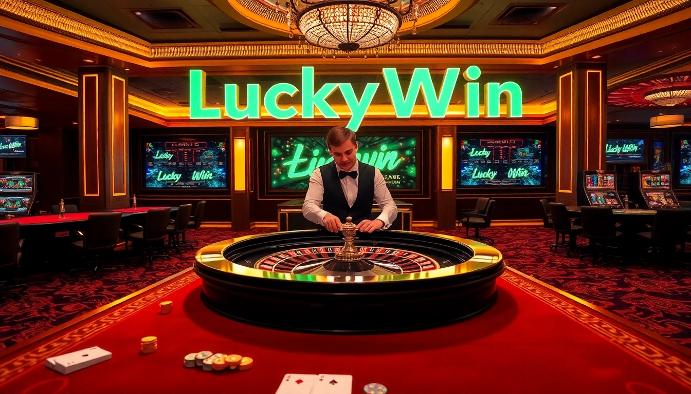 Experience the thrill of LuckyWin at an upscale casino with vibrant gaming elements.