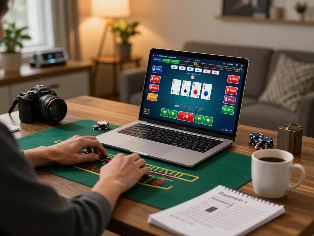 Engaging in online blackjack at vu88 from a cozy home office setting with strategy notes.