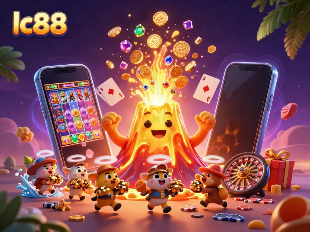 Witness the excitement of lc88 casino with a golden volcano erupting treasure.