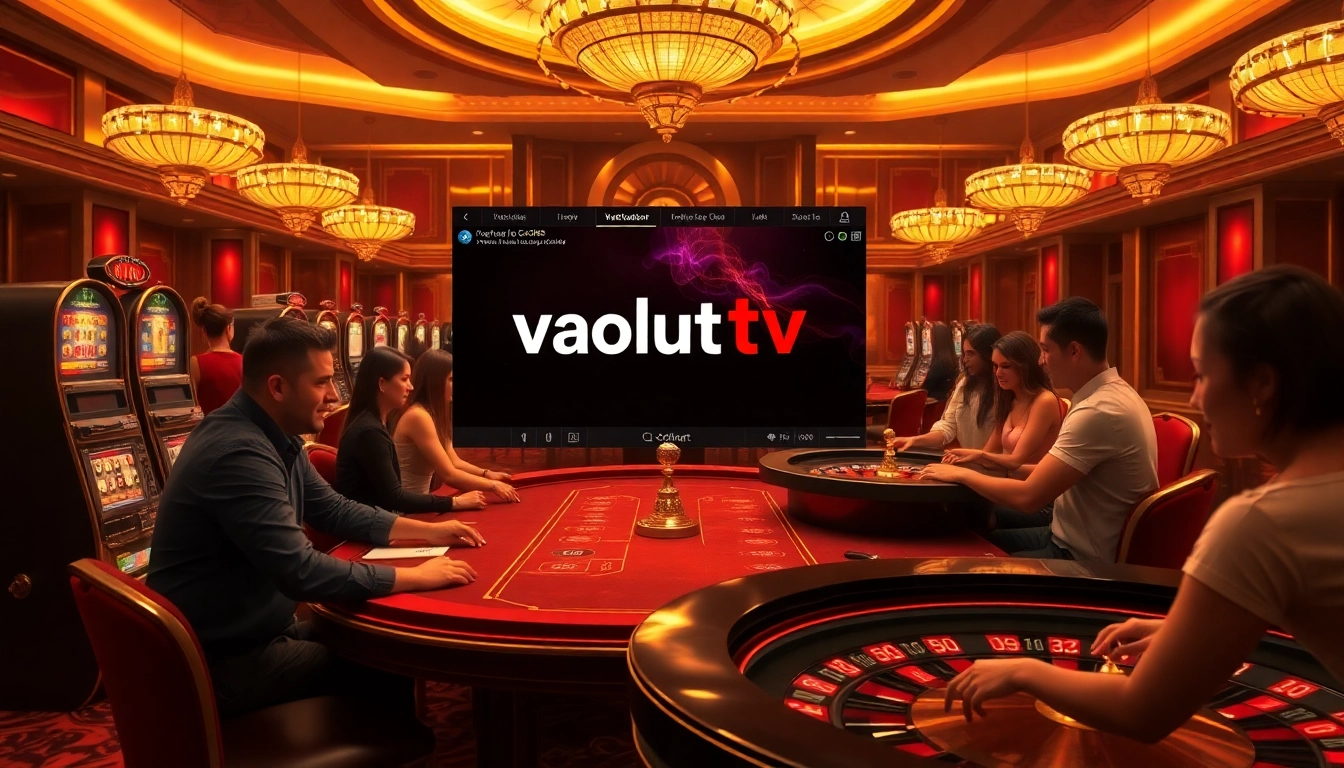 Exciting gambling atmosphere with vaoluoitv logo displayed on an elegant casino table.