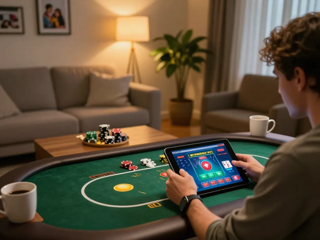 Engaging in online casino gaming at home using F8BET on a tablet.