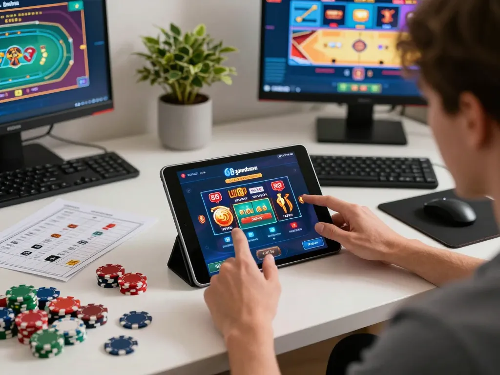 Player using the 68gamebaivn app for online gambling in a stylish home office setting