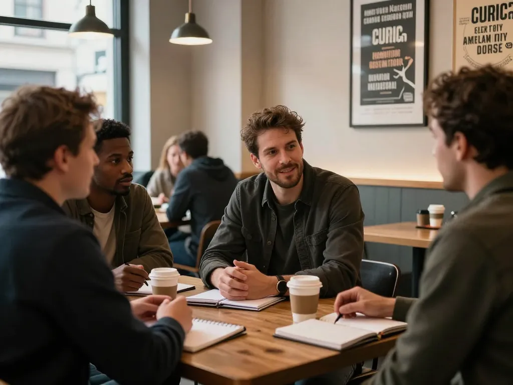 Supportive gathering of men at a coffee shop during a manclub meeting, fostering communication and community.