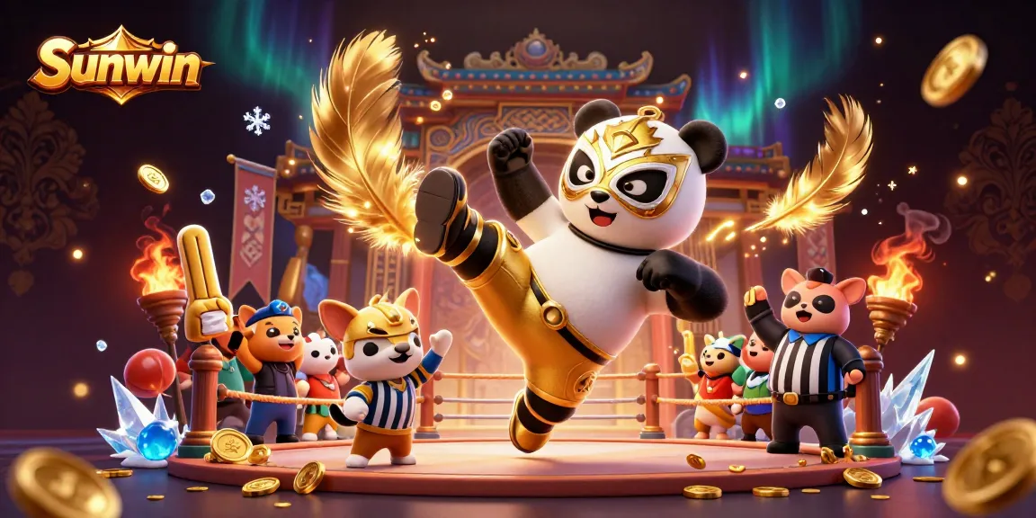 Experience the excitement of Sunwin with a vibrant casino scene featuring a panda wrestler and cheering spectators.
