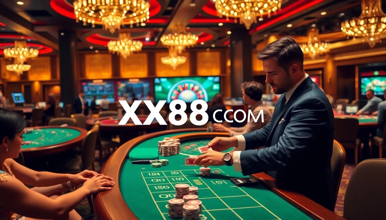 Experience the vibrant atmosphere of a luxurious casino scene with XX88 COM, featuring intense card games and roulette.