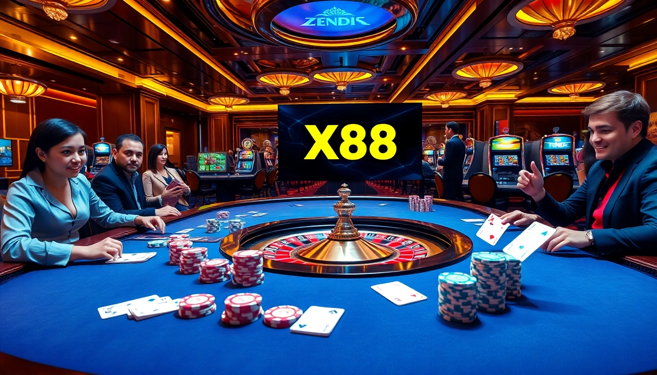 X88 gaming excitement at a poker table with chips and cards.