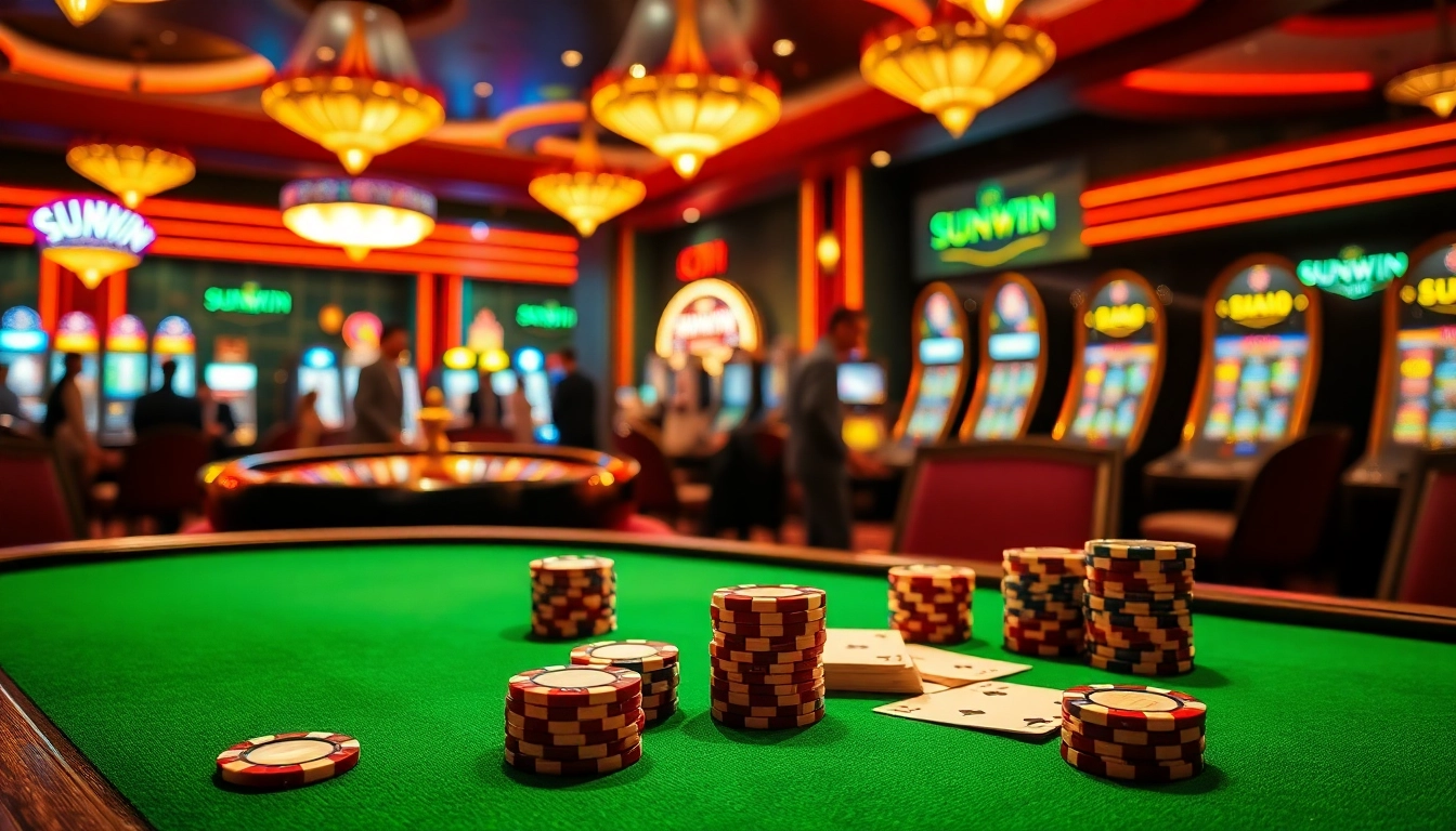 SUNWIN casino scene with poker chips and a roulette wheel, evoking vibrant excitement and elegance.