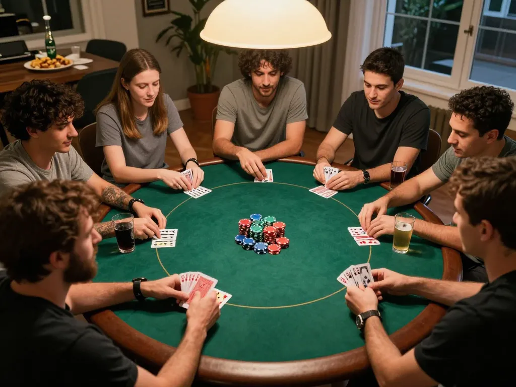 Enjoying intense gameplay during a home poker night using the link chính thức C168 for strategic betting.