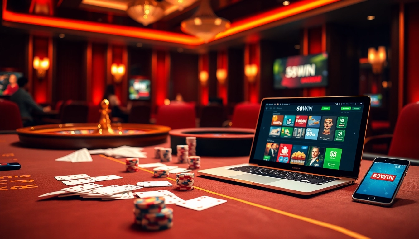 Experience thrilling gameplay at 58win with cards, chips, and a vibrant casino atmosphere.