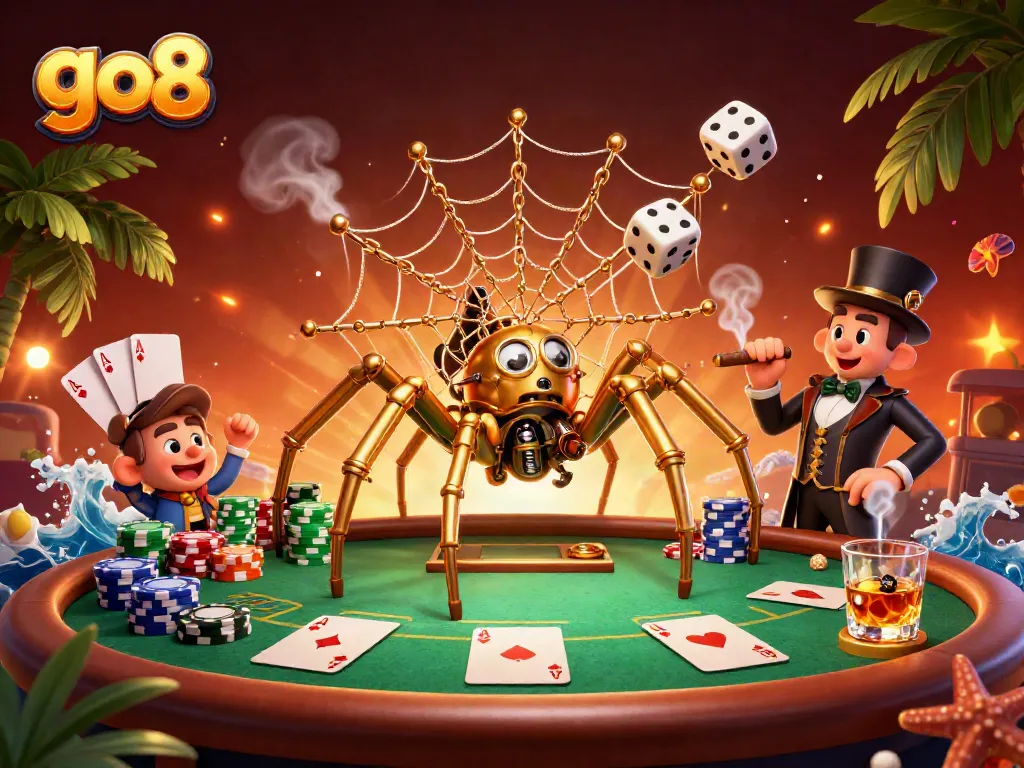 Experience go8's captivating poker scene with a steampunk spider spinning a web of luck and fortune.
