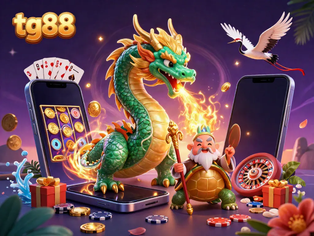 Experience the thrill of tg88 with engaging games and vibrant elements in a dynamic illustration.