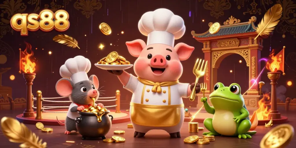 qs88 exclusive gaming scene featuring a chef pig serving gold coins, enhanced by dramatic casino elements.