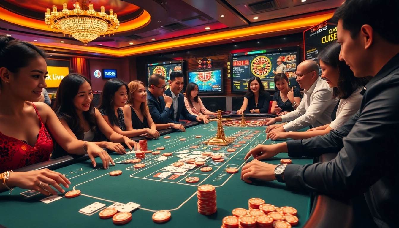 Players enjoying the thrill of NK88 at a luxurious casino table with vibrant poker chips and exciting bets.