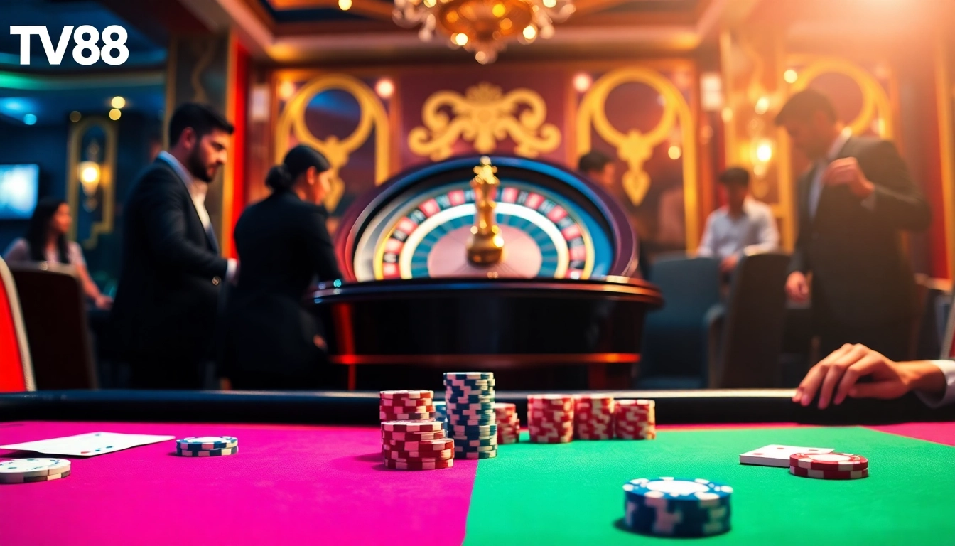 Experience the excitement of online gaming with TV88's vibrant casino atmosphere, featuring thrilling games and luxurious decor.