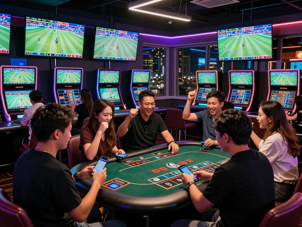 Exciting gambling lounge scene with players engaged in keo nha cai betting on live sports.
