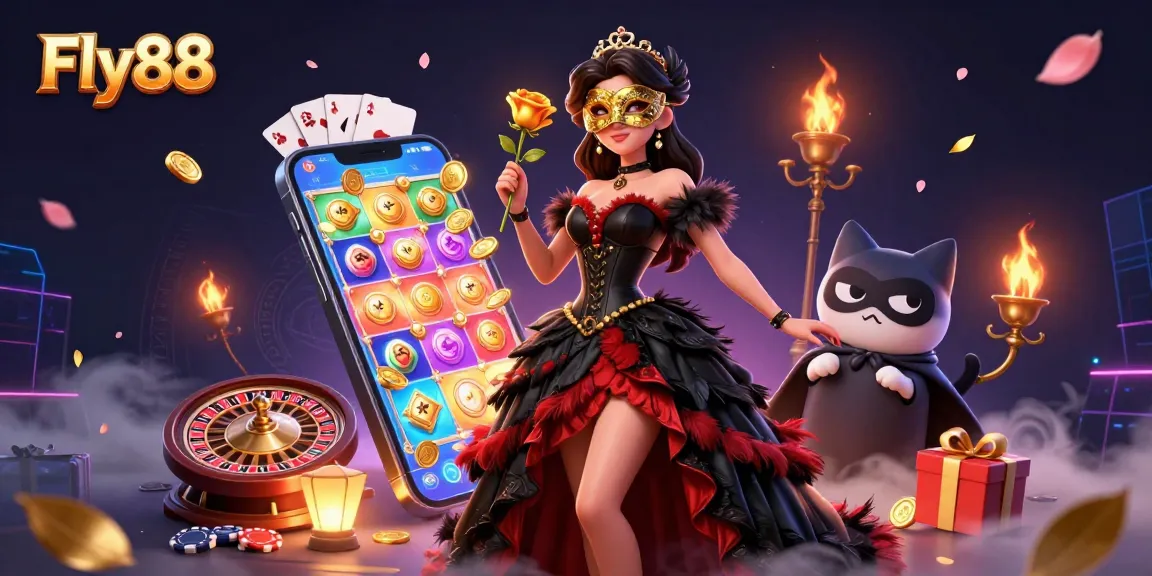 Experience the excitement of Fly88's captivating casino games with a stunning illustration of dynamic characters.