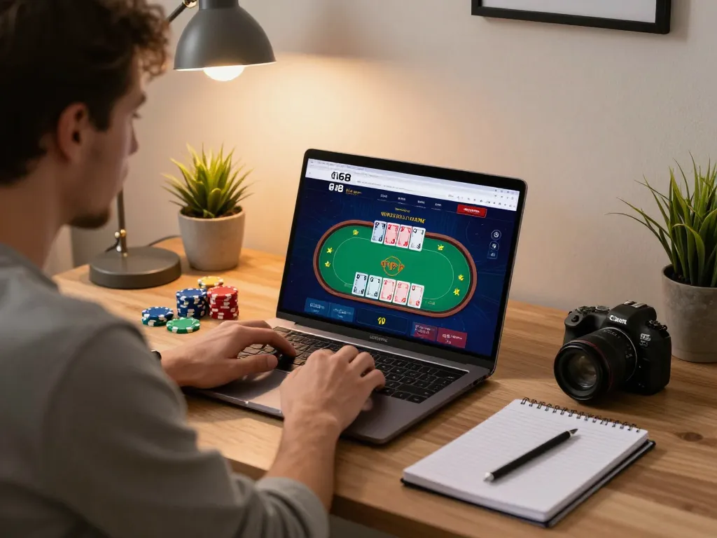Player engaged with twin68 online poker interface in a stylish home office, showcasing responsible gaming strategy