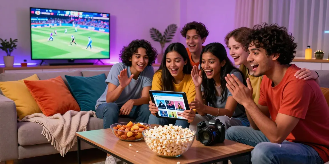 Pikashow APK download showing friends enjoying a lively movie night with snacks and live IPL cricket streaming.