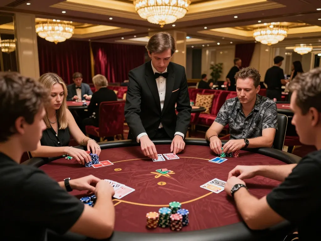 Engage in an exciting uk88 poker game with players focused on strategy and gameplay in a luxurious casino.