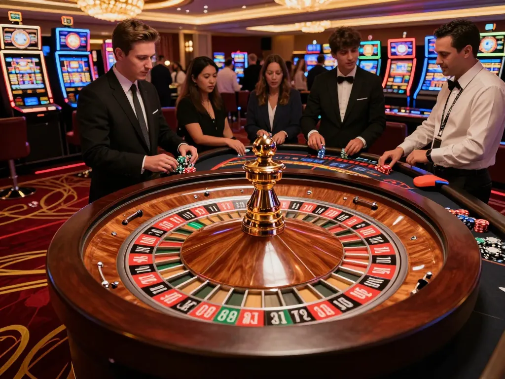 Sự phấn khích của người chơi LUCK8 tại bàn roulette trong một casino sang trọng, mang lại cảm giác hồi hộp của trò chơi