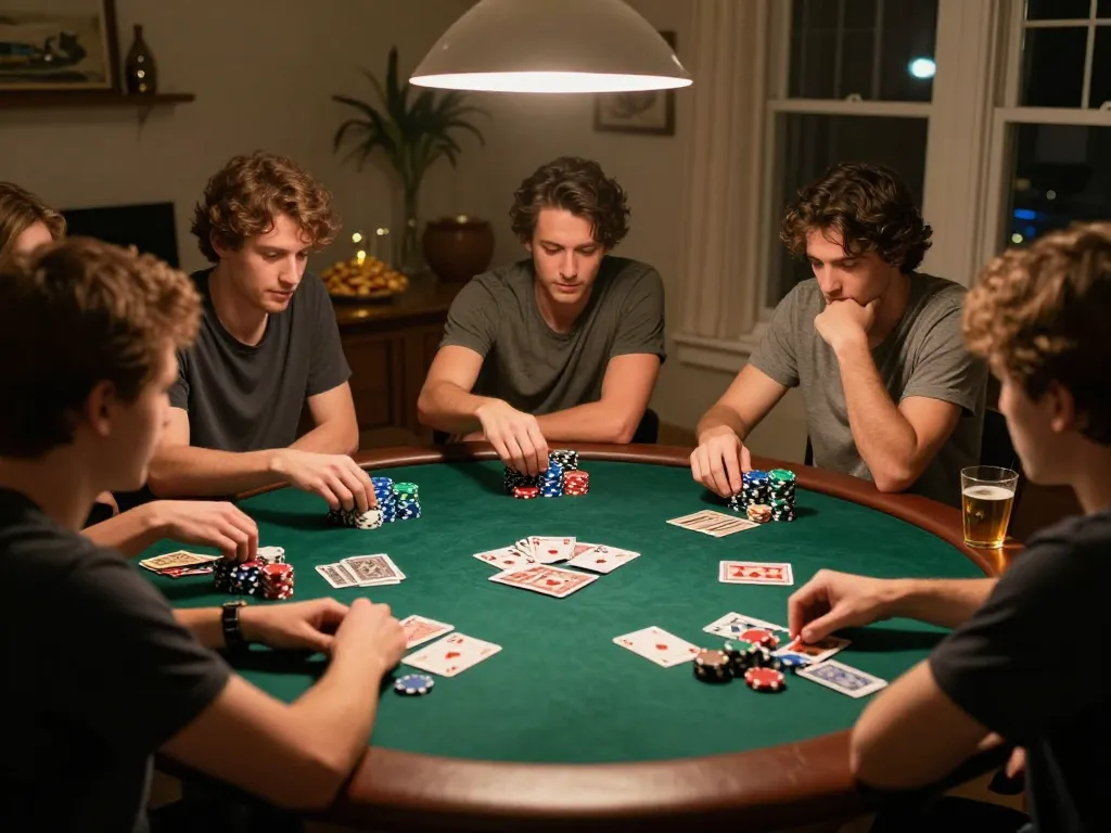 Engaged players at a hitclub home poker night, showcasing strategic hands in a friendly atmosphere.