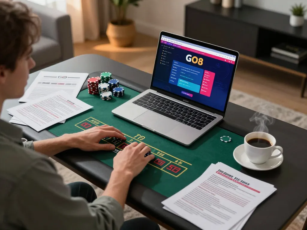 Engaging in strategic online blackjack at GO8 with a stylish home setup and betting notes