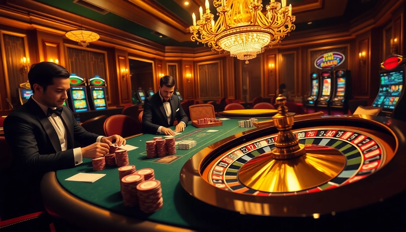 Experience thrilling poker gameplay at Okfun, highlighting colorful chips and elegant players in high-stakes action.