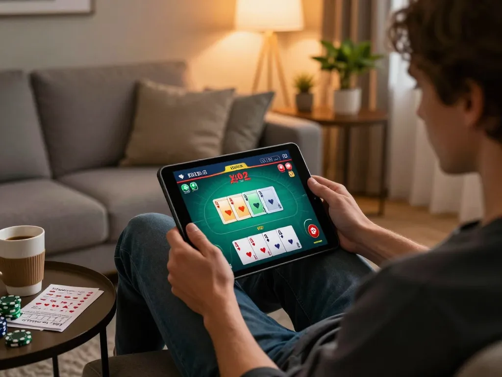 Playing poker on a tablet in a cozy home setting, featuring 888b online casino interface.
