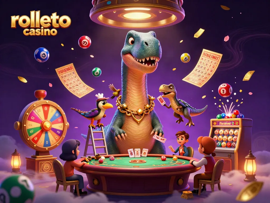 rolletto casino scene with a towering brontosaurus and clever raptor at a poker table